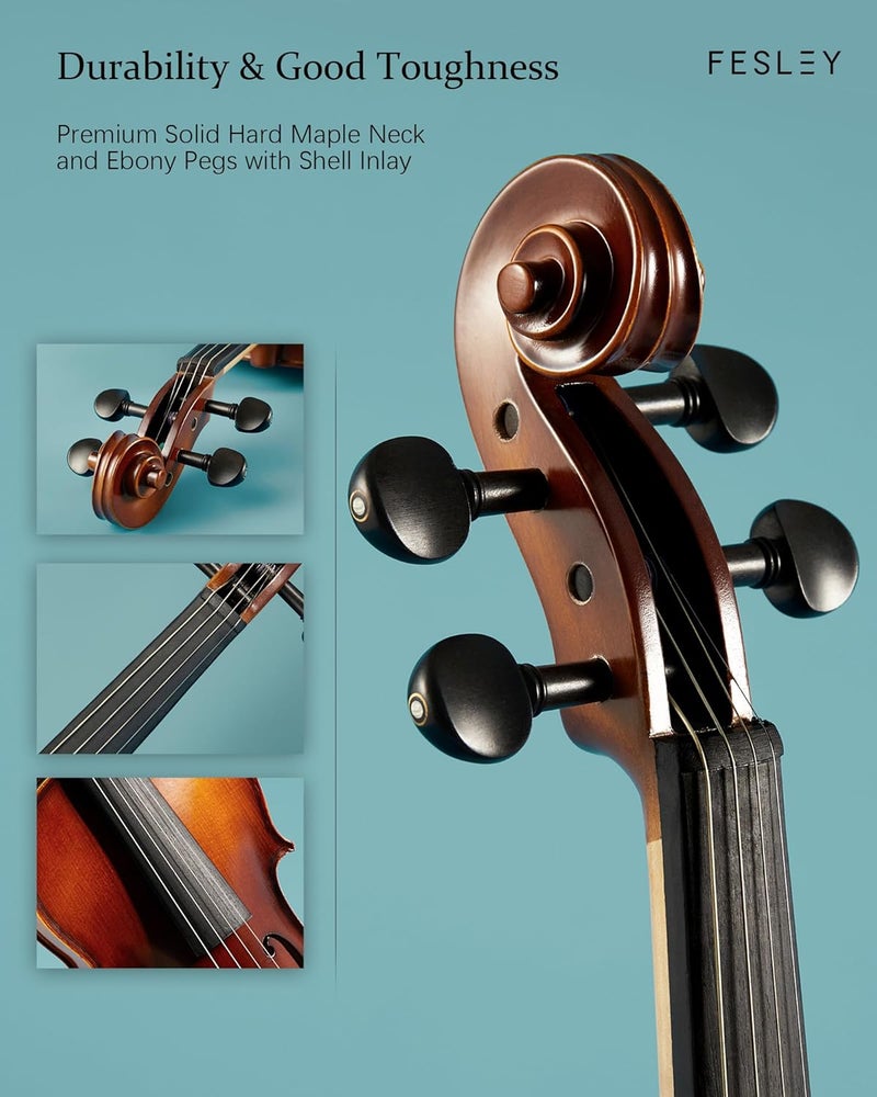 Fesley Violin Fiddle Full Set: 4/4 Matt Violin Kit for Beginners, Acoustic Violin with Hard Case, Solidwood Hand Made Starter Kit with Bow, Rosin, Shoulder Rest, Tuner, Extra Strings - Image 3